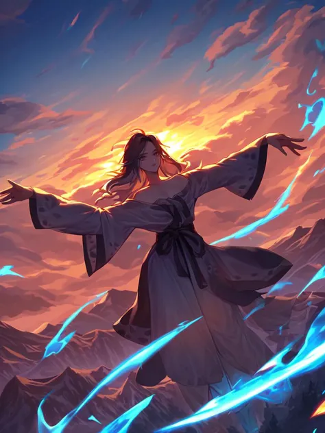 (score_9), Floating girl with open arms, mountain background, anime, beautiful, cloudy_sky, burning_cloud,gradient_sky, dusk, embers, sunset, high detail, digital art style, soft diffused lighting, dutch angle, Baggy clothes, blue magic aura in your perfect hands <lora:add_detail:1>