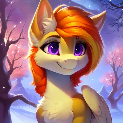 rating_safe, score_9, a cute mare, fluffy, pegasus pony, night, tree, portrait