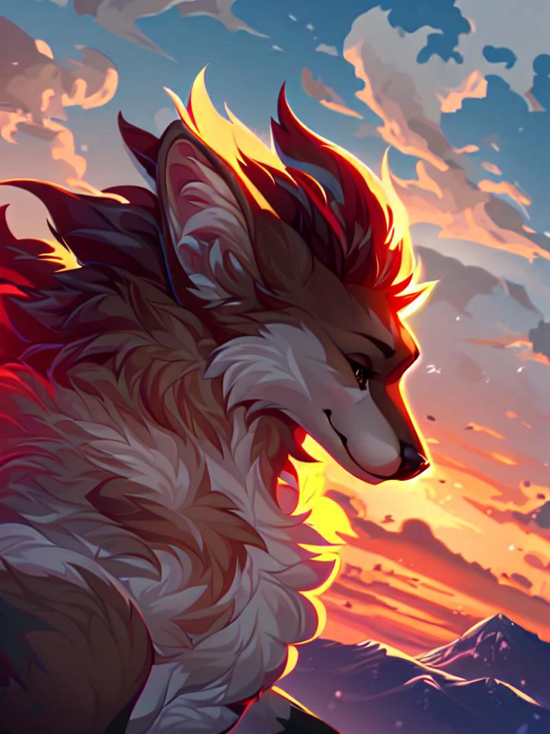 (score_9), mountain, very cute, detailed mane and fur, fluffy, (body fur), blurry, beautiful, cloudy_sky, burning_cloud,gradient_sky, dusk, embers, sunset, high detail, digital art style, soft diffused lighting, dutch angle,