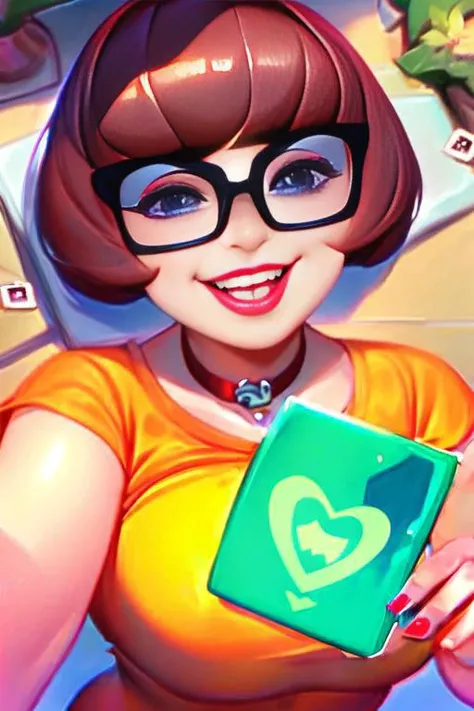 score_9, Velma Dinkley is holding a valentine's card, human, pov