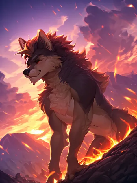 (score_9), mountain, very cute, detailed mane and fur, fluffy, (body fur), blurry, beautiful, cloudy_sky, burning_cloud,gradient_sky, dusk, embers, sunset, high detail, digital art style, soft diffused lighting, dutch angle,