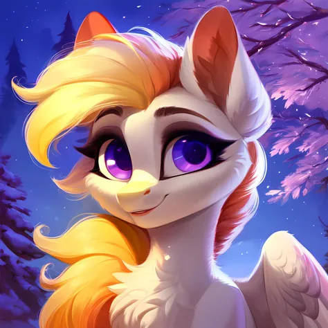 rating_safe, score_9, a cute mare, fluffy, pegasus pony, night, tree, portrait