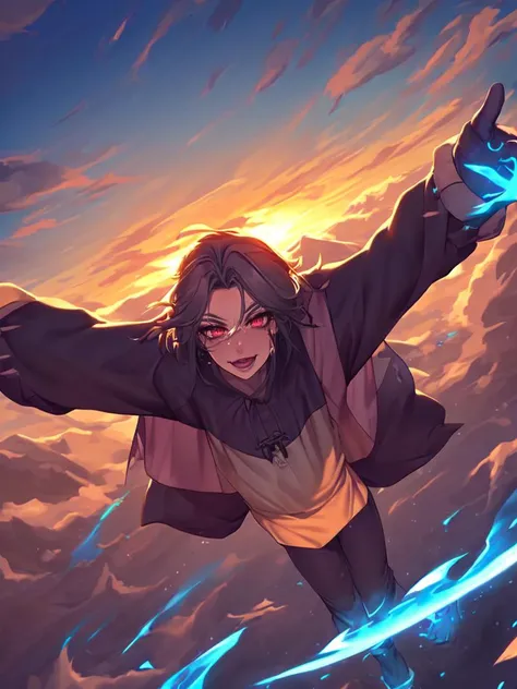 (score_9), Extreme close-up, Floating girl with open arms, mountain background, anime, beautiful, cloudy_sky, burning_cloud,gradient_sky, dusk, embers, sunset, high detail, digital art style, soft diffused lighting, dutch angle, Baggy clothes, blue magic aura in your perfect hands, Arms forward, Looking at the viewer, Stretched legs <lora:add_detail:1>