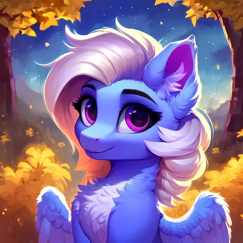 rating_safe, score_9, a cute mare, fluffy, pegasus pony, night, tree, portrait