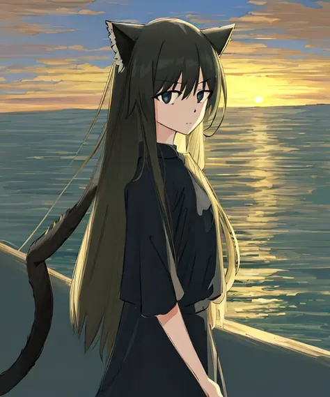 nokori7, 1girl, solo, long hair, tail, cat ears, sunset, hyperrealism masterpiece 8k wallpaper ultra detailed <lora:nokori-000003:1.0>