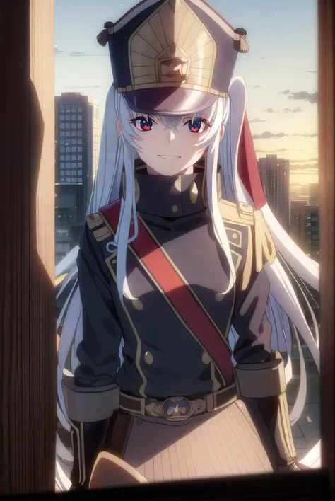 recreatorsaltair, <lora:recreators altair s1-lora-nochekaiser:1>, 
altair, long hair, (red eyes:1.3), very long hair, white hair, smile, grin,
BREAK gloves, hat, uniform, military, military uniform, shako cap,
BREAK outdoor, city, night, sky, buildings, moon, clouds,
BREAK looking at viewer, (cowboy shot:1.5),
BREAK <lyco:GoodHands-beta2:1>, (masterpiece:1.2), best quality, high resolution, unity 8k wallpaper, (illustration:0.8), (beautiful detailed eyes:1.6), extremely detailed face, perfect lighting, extremely detailed CG, (perfect hands, perfect anatomy),