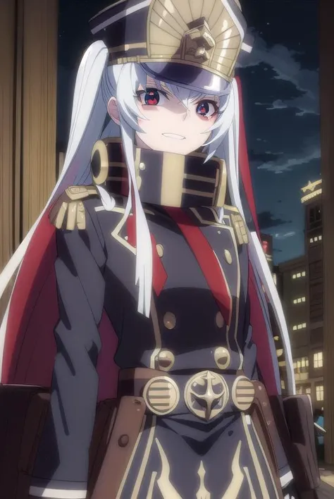 recreatorsaltair, <lora:recreators altair s1-lora-nochekaiser:1>,
altair, long hair, (red eyes:1.3), very long hair, white hair, smile, grin,
BREAK gloves, hat, uniform, military, military uniform, shako cap,
BREAK outdoor, city, night, sky, buildings, moon, clouds,
BREAK looking at viewer, (cowboy shot:1.5),
BREAK <lyco:GoodHands-beta2:1>, (masterpiece:1.2), best quality, high resolution, unity 8k wallpaper, (illustration:0.8), (beautiful detailed eyes:1.6), extremely detailed face, perfect lighting, extremely detailed CG, (perfect hands, perfect anatomy),