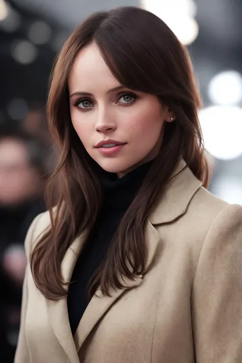 photo of (Koh_FelicityJones:0.99), a woman as a movie star, modelshoot style, (extremely detailed CG unity 8k wallpaper), photo of the most beautiful artwork in the world, professional majestic oil painting by Ed Blinkey, Atey Ghailan, Studio Ghibli, by Jeremy Mann, Greg Manchess, Antonio Moro, trending on ArtStation, trending on CGSociety, Intricate, High Detail, Sharp focus, dramatic, photorealistic painting art by midjourney and greg rutkowski, (long brown coat), (turtleneck), ((comicon event)), (leather trousers), ((standing on the red carpet)), ((paparazzi in the background)), (looking at viewer), (detailed pupils:1.3), (modern outfit:1.2), (closeup), red lips, (eye shadow)