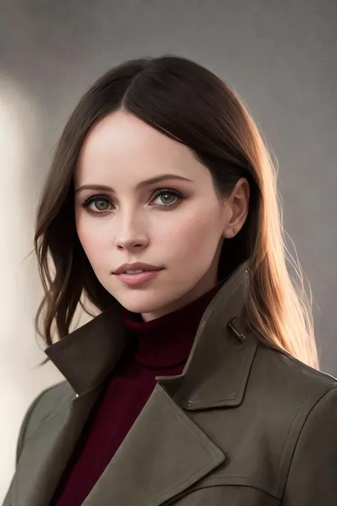 photo of (Koh_FelicityJones:0.99), a woman as a movie star, modelshoot style, (extremely detailed CG unity 8k wallpaper), photo of the most beautiful artwork in the world, professional majestic oil painting by Ed Blinkey, Atey Ghailan, Studio Ghibli, by Jeremy Mann, Greg Manchess, Antonio Moro, trending on ArtStation, trending on CGSociety, Intricate, High Detail, Sharp focus, dramatic, photorealistic painting art by midjourney and greg rutkowski, (long brown coat), (turtleneck), ((comicon event)), (leather trousers), ((standing on the red carpet)), ((paparazzi in the background)), (looking at viewer), (detailed pupils:1.3), (modern outfit:1.2), (closeup), red lips, (eye shadow)