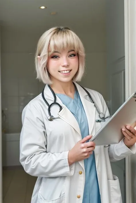 <lora:sabrinabanks-06:1>, sabrinabanks, 1girl, masterpiece, best quality, smile, looking at viewer, fully clothed, (labcoat), short hair, depth of field, doctor, (holding clipboard),