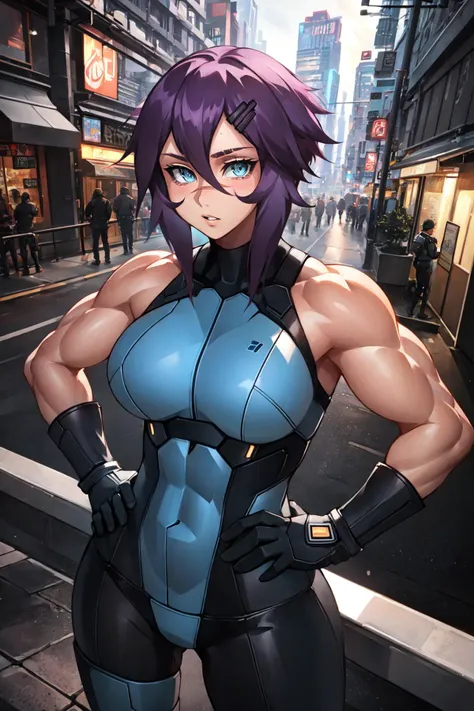 (masterpiece, best quality), outdoors, cyberpunk, cityscape, alley, night, 1girl, solo, MayaRoadi3Manityro, scar on nose, hairclip, short hair, upper body, large breasts, <lora:MayaRoadi3_V1-Manityro-dadapt:1>, muscular, covered abs, looking at viewer, blush, parted lips, grey bodysuit, elbow gloves, grey gloves, bare shoulders, hands on hips, leaning on rail, no humans