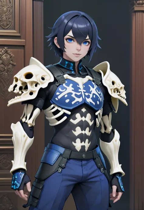 anime style, rough digital painting, (full body:1.2), 1boy, man, masculine, solo, [:fantastical costume design,:0.2] sorcerer, indigo (ornate bone pauldrons,chestplate:1.4), caucasian, neon black hair, (average:1.2) build, middle aged, simple background, jrpg character concept art