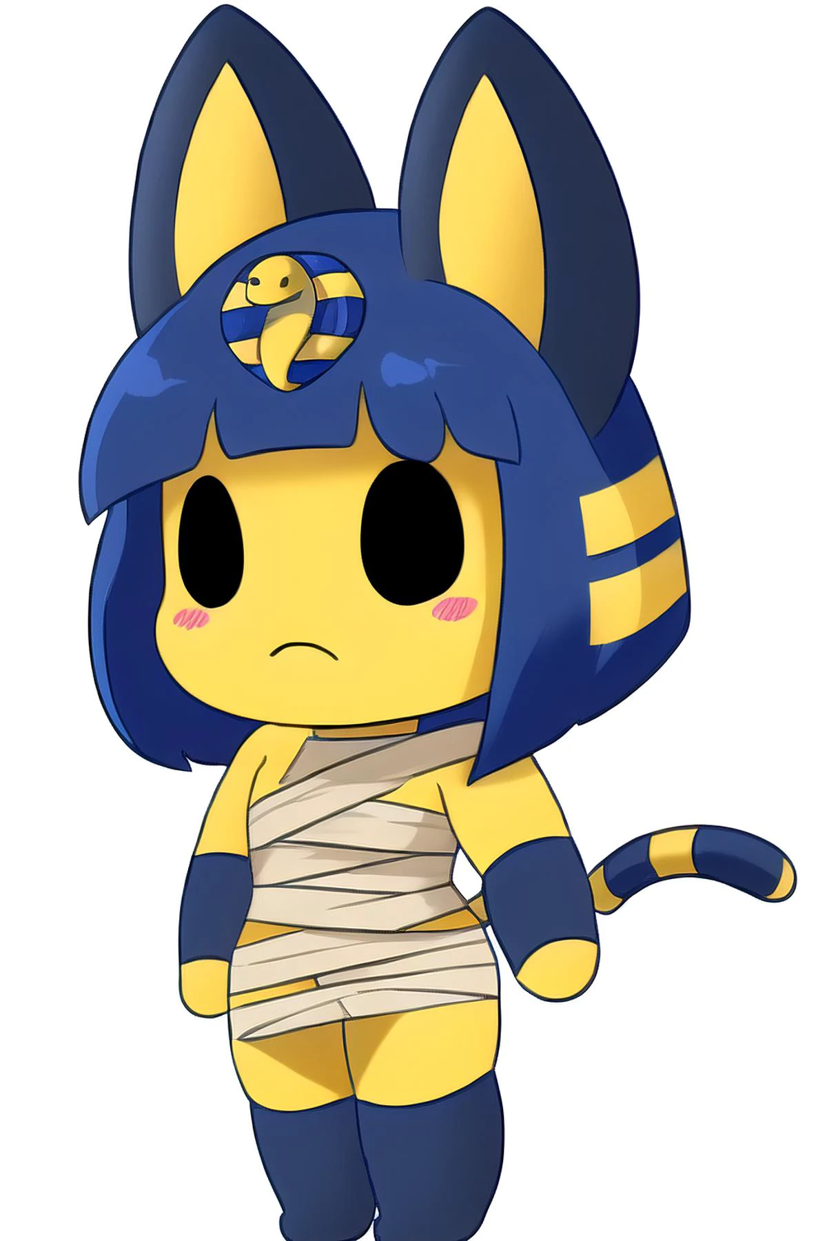 best quality, ((furry)) <lora:gooberville-000009:1> chibi, <lora:AnkhaAnimalCrossing1:1> ankha, frown, bandage cosplay