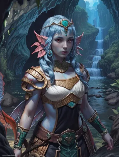 best quality, masterpiece, highres, detailed, digital artwork, <lora:Detail - add_detail:0.2>, IxMerfolk, colorful head fins, blue skin, cave, jade jewelry, <lyco:Change - IxMerfolkV2:0.8> BREAK  CelicaFE, tiara, aztec armor, red eyes, monster girl, <lora:Character - CelicaFE:0.6>