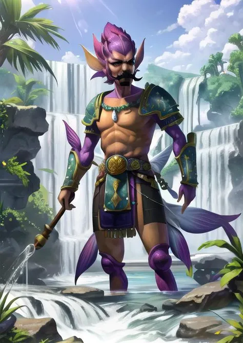 best quality, masterpiece, highres, detailed, perfect anatomy, <lora:Style - add_detail:0.3>, <lyco:Traits - IxMerfolkV1:0.8>, IxMerfolk, ruins, aztec, armor, 1boy, Waluigi, mustache, <lora:Waluigi2:0.7>,waterfalls, water, river,