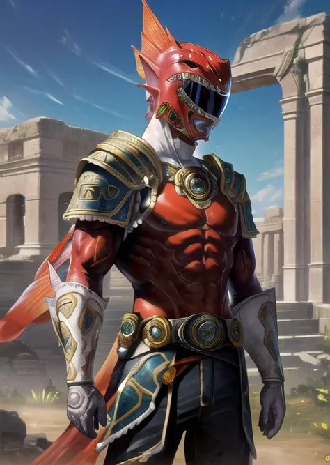 best quality, masterpiece, highres, detailed, perfect anatomy, <lora:Style - add_detail:0.3>,  <lyco:Traits - IxMerfolkV1:0.8>, IxMerfolk, ruins, aztec, armor, 1boy, redranger, cowboy shot, head fins,  <lora:TyrannoRed:0.7>