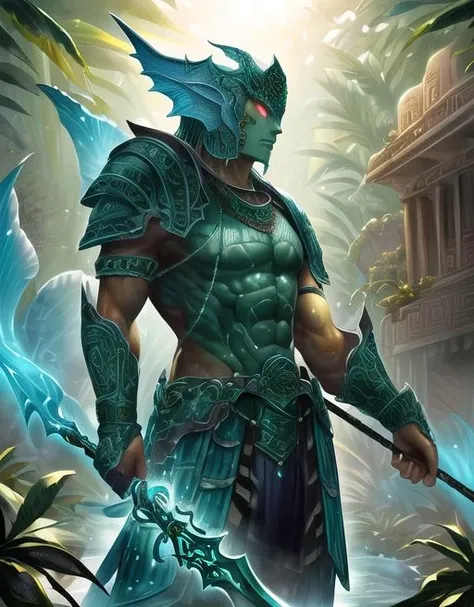 best quality, masterpiece, highres, detailed, perfect anatomy, <lora:Style - add_detail:0.2>, IxMerfolk,  <lyco:IxMerfolk-10:0.7>, 1boy, jungle, outside, ruins, aztec, jungle, armor, weapon, holding weapon, clothing, metallic armor, glowing eyes, cowboy shot, green skin, spear, fins