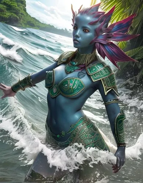 best quality, masterpiece, highres, detailed, perfect anatomy, <lora:Style - add_detail:0.2>, IxMerfolk, <lyco:IxMerfolk-10:0.8>, 1girl, top, green skin, aztec armor, jungle, outside, ruins, aztec, jungle, armor, magic, casting magic, mystical, clothing, metallic armor, glowing eyes, cowboy shot, colored skin, rainbow fins, dynamic pose, water magic, webbed fingers, sunlight, waves,
