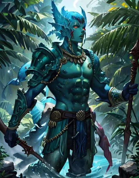 best quality, masterpiece, highres, detailed, perfect anatomy, <lora:Style - add_detail:0.2>, IxMerfolk,  <lyco:IxMerfolk-10:0.7>, 1boy, jungle, outside, ruins, aztec, jungle, armor, weapon, holding weapon, clothing, metallic armor, glowing eyes, cowboy shot, green skin, spear, fins