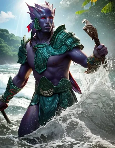 best quality, masterpiece, highres, detailed, perfect anatomy, <lora:Style - add_detail:0.2>, IxMerfolk, <lyco:IxMerfolk-10:0.8>, 1boy, top, green skin, aztec armor, jungle, outside, ruins, aztec, jungle, armor, magic, casting magic, mystical, clothing, metallic armor, glowing eyes, cowboy shot, colored skin, rainbow fins, dynamic pose, water magic, webbed fingers, sunlight, waves, holding weapon, trident,