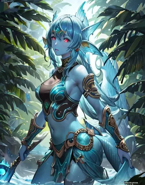 best quality, masterpiece, highres, detailed, perfect anatomy, <lora:Style - add_detail:0.2>, IxMerfolk,  <lyco:IxMerfolk-10:0.6>, 1girl, ruins, aztec, armor, magic, weapon, holding weapon, jungle, colorful fins, clothing, metallic armor, colored skin, colored skin, glowing eyes, cowboy shot, tank top,