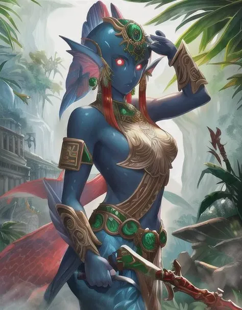 best quality, masterpiece, highres, detailed, perfect anatomy, <lora:Style - add_detail:0.2>, IxMerfolk, <lyco:IxMerfolk-10:0.7>, 1girl, top, jungle, outside, ruins, aztec, jungle, armor, weapon, holding weapon, clothing, metallic armor, glowing eyes, cowboy shot, colored skin, spear, red fins