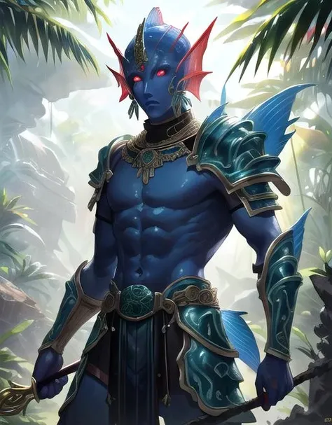 best quality, masterpiece, highres, detailed, perfect anatomy, <lora:Style - add_detail:0.2>, IxMerfolk,  <lyco:IxMerfolk-10:0.7>, 1boy, top, jungle, outside, ruins, aztec, jungle, armor, magic, casting magic, mystical, clothing, metallic armor, glowing eyes, cowboy shot, colored skin, spear, red fins,