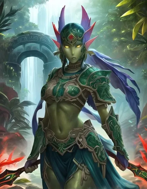 best quality, masterpiece, highres, detailed, perfect anatomy, <lora:Style - add_detail:0.2>, IxMerfolk,  <lyco:IxMerfolk-10:0.7>, 1girl, top, jungle, outside, ruins, aztec, jungle, armor, weapon, holding weapon, clothing, metallic armor, glowing eyes, cowboy shot, green skin, spear, red fins