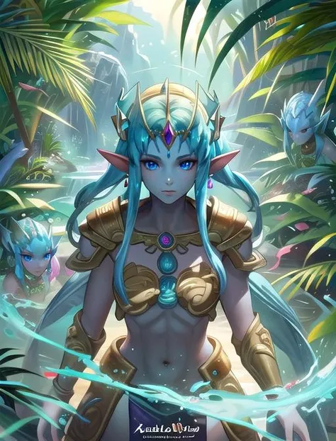 best quality, masterpiece, highres, detailed, digital artwork, <lora:Detail - add_detail:0.2>, IxMerfolk, colorful head fins, blue skin, jungle, jade jewelry, <lyco:Change - IxMerfolkV2:0.8> BREAK  ZeldaHW, blue eyes, tiara, aztec armor, <lora:Character - ZeldaHW:0.7>