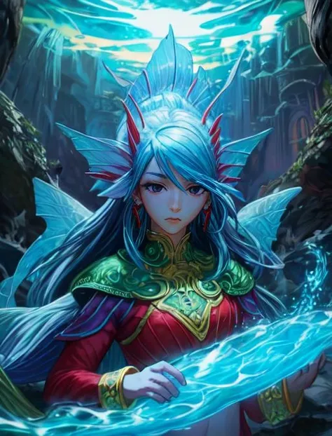 best quality, masterpiece, highres, detailed, digital artwork, <lora:Detail - add_detail:0.2>, IxMerfolk, colorful head fins, blue skin, cave, jade jewelry, <lyco:Change - IxMerfolkV2:0.8> BREAK  EikoHozuki, black eyes, empty eyes, <lora:Character - EikoHozuki:0.7>