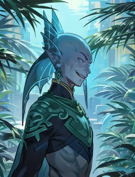 best quality, masterpiece, highres, detailed, digital artwork, <lora:Detail - add_detail:0.2>, IxMerfolk, colorful head fins, blue skin, jungle, jade jewelry, <lyco:Change - IxMerfolkV2:0.8> BREAK  c-Tadokoro, bald, evil smile, 1boy, <lora:Character - Tadokoro:0.8>