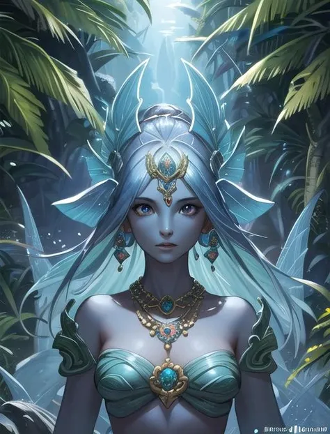 best quality, masterpiece, highres, detailed, digital artwork, <lora:Detail - add_detail:0.2>, IxMerfolk, colorful head fins, blue skin, jungle, jade jewelry, <lyco:Change - IxMerfolkV2:0.8>,