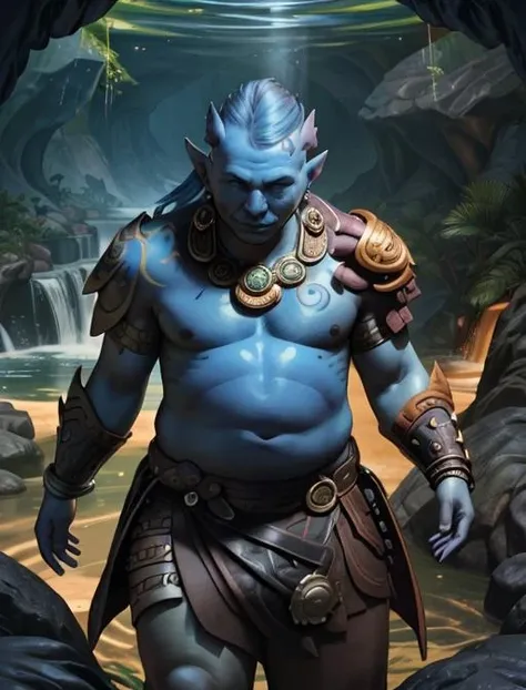 best quality, masterpiece, highres, detailed, digital artwork, <lora:Detail - add_detail:0.2>, IxMerfolk, colorful head fins, blue skin, cave, jade jewelry, <lyco:Change - IxMerfolkV2:0.8> BREAK  FFCorneo, fat, chubby, head tattoo, 1man, aztec armor,  <lora:Character - FFCorneo:0.7>