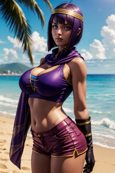 (masterpiece), best quality, expressive eyes, perfect face, Nico Robin at rocky desert, (rocky desert at night background), (standing), (smirk), (closeup view), (1girl, Nico Robin face, dark skin, tanned skin, tan, black hair, ponytail hairstyle, no bangs, brown eyes, hourglass figure, skinny body, large breasts, huge breasts, oppai, wide hips, thick thighs, ((dark purple bikini), BREAK, (black studded hip belt), (knee pad boots), (black devil horns), (dark purple gloves), (fuzzy cape), (sholder pads)),