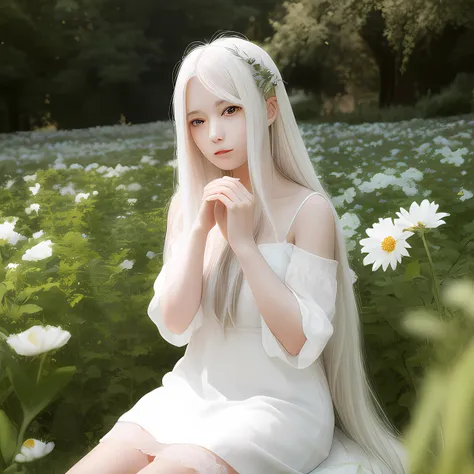 (Masterpiece, Top quality), One girl with long white hair sitting in a field of green plants and flowers, warm moonlight, blurryforeground, Loli, river bank, Good shorts, odd eyes