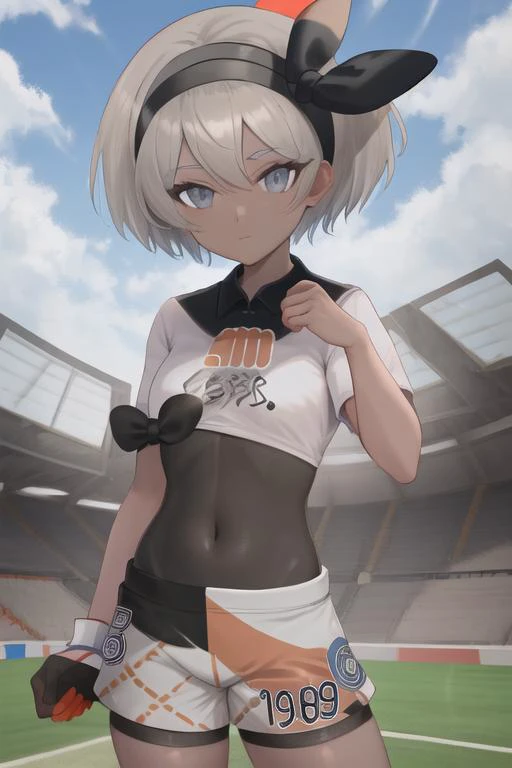 masterpiece, best quality, highres, <lora:BeaPokemon:1>, 1girl, solo, shorts, bodysuit under clothes, hairband, bodysuit, short sleeves, single glove, shirt, black hairband, print shirt, black bodysuit, collared shirt, looking at viewer, closed mouth, bow hairband, outdoors, Soccer Field,