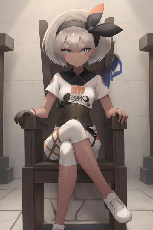 masterpiece, best quality, highres, <lora:BeaPokemon:1>, 1girl, solo, shorts, bodysuit under clothes, hairband, bodysuit, short sleeves, single glove, shirt, black hairband, print shirt, black bodysuit, collared shirt, looking at viewer, closed mouth, bow hairband, indoors, sitting on a throne, throne, crossed legs, (stone throne), cathedral, red throne,