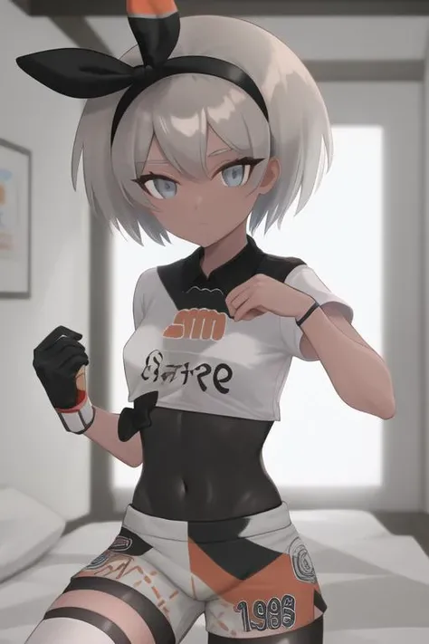 masterpiece, best quality, highres, <lora:BeaPokemon:1>, 1girl, solo, gloves, shorts, bodysuit under clothes, hairband, bodysuit, short sleeves, single glove, shirt, black hairband, print shirt, black bodysuit, collared shirt, looking at viewer, closed mouth, bow hairband, tied shirt