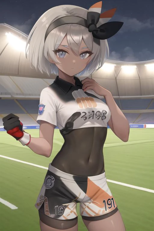 masterpiece, best quality, highres, <lora:BeaPokemon:1>, 1girl, solo, shorts, bodysuit under clothes, hairband, bodysuit, short sleeves, single glove, shirt, black hairband, print shirt, black bodysuit, collared shirt, looking at viewer, closed mouth, bow hairband, outdoors, soccer field, stadium, (((night))),