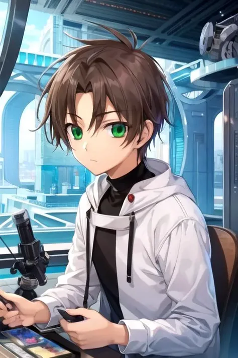 masterpiece, best quality, game cg, 1boy, solo, male focus, looking at viewer, upper body, , <lora:teito_klein:0.74>, teito_klein, brown hair, green eyes, romper, , science fiction science fantasy,