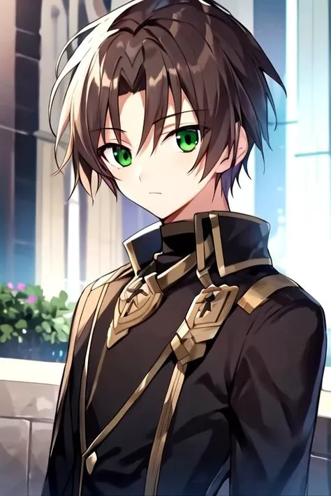 masterpiece, best quality, , 1boy, solo, male focus, looking at viewer, upper body, , <lora:teito_klein:0.76>, teito_klein, brown hair, green eyes, demon costume, cyberpunk, 32k resolution