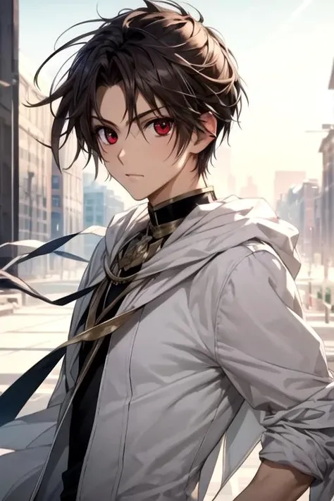 masterpiece, best quality, photorealistic, 1boy, solo, male focus, looking at viewer, upper body, depth of field, <lora:teito_klein:0.70>, teito_klein, brown hair, red eyes, , ,