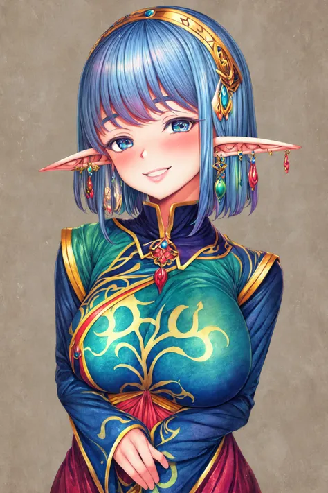 <lora:GENSHI-06:0.71>, pastel colors, muted colors, handdrawn watercolor illustration, GENSHISTYLE, red, 1girl, solo, looking at viewer, large breasts, blush, hair ornament, smile jewelry, dark blue hair, earrings, simple background, <lora:DETAIL_SLIDER_BY_STABLE_YOGI:0.64> ,  elf, tattoo