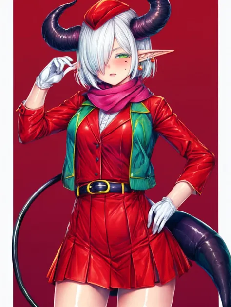 <lora:GENSHI-06:0.7>, pastel colors, muted colors, pencil drawing,handdrawn watercolor pencil  illustration, GENSHISTYLE, 1girl, solo, looking at viewer, blush, short hair, skirt, gloves, long sleeves, hat, jewelry, green eyes, standing, jacket, tail, white hair, cowboy shot, earrings, parted lips, horns, pointy ears, belt, white gloves, scarf, mole, hair over one eye, hand on hip, mole under eye, red skirt, demon girl, demon horns, demon tail, red background, red jacket, <lora:DETAIL_SLIDER_BY_STABLE_YOGI:0.7> <lora:gradient monsters:0.5>