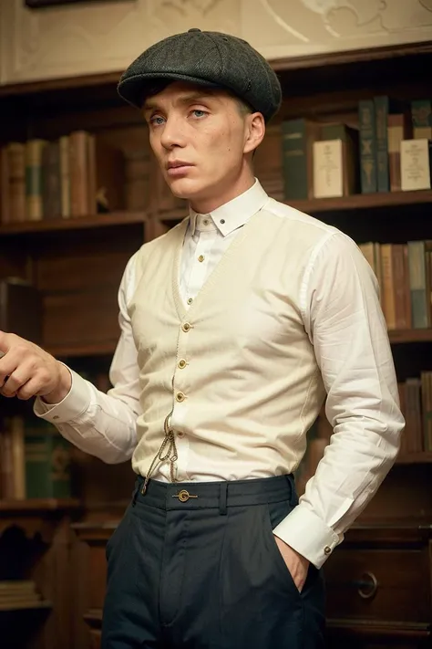a man, peaky blinders, thomas shelby, realistic,<lora:thomasShelbyCillian_thomasShelbyV1:0.8>, bookshelf, office, dark tone setting, wearing flat cap,