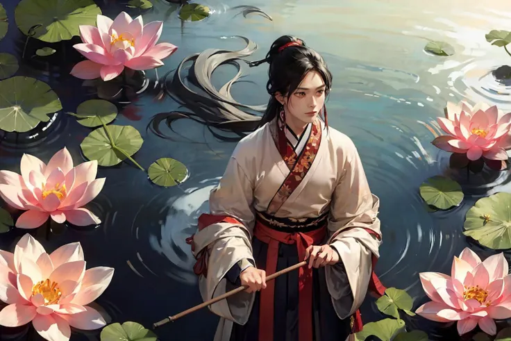 masterpiece, best quality, <lora:hanfu:1>,hanfukozue, umbrella, long hair, solo, holding umbrella, male focus, flower, black hair, holding, chinese clothes, hanfu, 1boy, braid, lily pad, water, lotus, oil-paper umbrella, long sleeves, white flower, wide sleeves, leaf, side braid, bangs, red eyes, ponytail, sash, ribbon, very long hair, bishounen, closed mouth, smile, looking at viewer, koi, floating hair, upper body