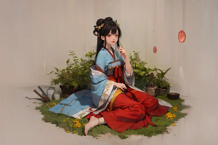 masterpiece, best quality, <lora:hanfu:1>,hanfukozue, 1girl, black hair, bug, butterfly, barefoot, solo, hair ornament, sitting, hanfu, chinese clothes, anklet, leaf, fruit, jewelry, white background, long sleeves, simple background, food, grapes, full body, single hair bun, holding, hair stick, wide sleeves, hair bun, smile, yokozuwari, looking at viewer, long hair, closed mouth, hand up, flower, holding leaf, on floor