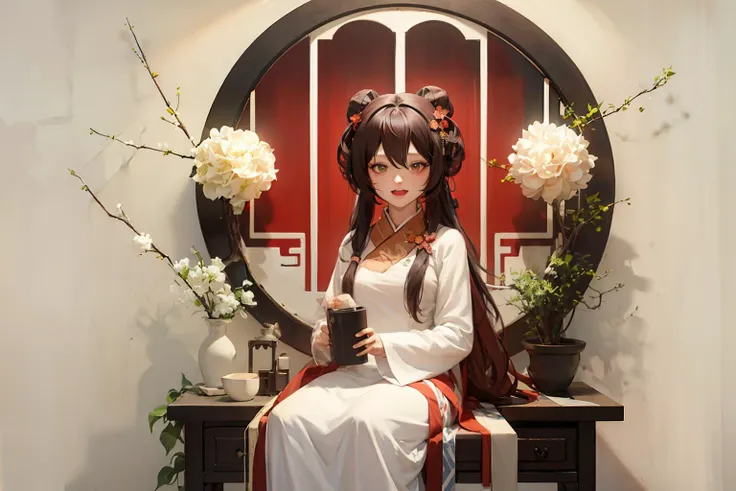 masterpiece, best quality, <lora:hanfu:1>,hanfukozue, 1girl, brown hair, hu tao (genshin impact), branch, solo, long hair, flower, smile, window, chinese clothes, ahoge, open mouth, red eyes, twintails, lantern, plum blossoms, looking at viewer, bird, dress, flower-shaped pupils, hair ornament, hair bun, bangs, holding, symbol-shaped pupils, hair between eyes, :d, lattice, alternate costume, double bun, hair flower, long sleeves, teeth, sidelocks, very long hair, white dress, upper teeth only, tree, tassel, red shirt, sitting