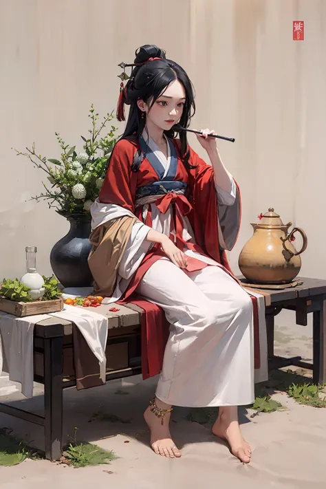 masterpiece, best quality, <lora:hanfu:1>,hanfukozue, 1girl, black hair, bug, butterfly, barefoot, solo, hair ornament, sitting, hanfu, chinese clothes, anklet, leaf, fruit, jewelry, white background, long sleeves, simple background, food, grapes, full body, single hair bun, holding, hair stick, wide sleeves, hair bun, smile, yokozuwari, looking at viewer, long hair, closed mouth, hand up, flower, holding leaf, on floor