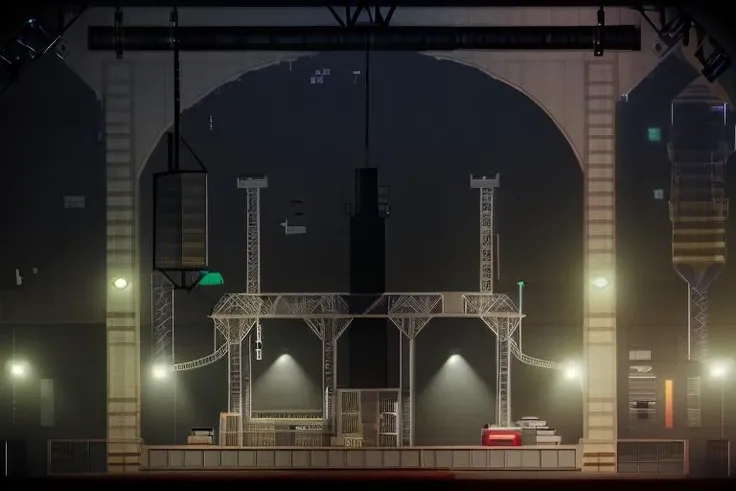 <lora:People Playground Style - V1:1.0> people_playground_style, side view, perfectly side view 2D, on grid, blocky graphics, scene, old_factory, cityscape